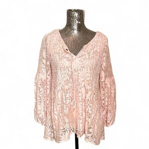 Romantic Coquette Lace Sheer Flare Pintuck Peasant Sleeve Blush Top Medium Soft‎